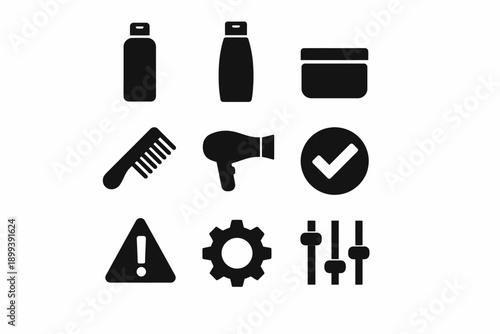 Set of hair care product icons and tools including hairdryer and settings