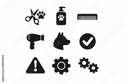 Pet grooming essentials icons: scissors, shampoo, hairdryer, comb, dog, tools, alert