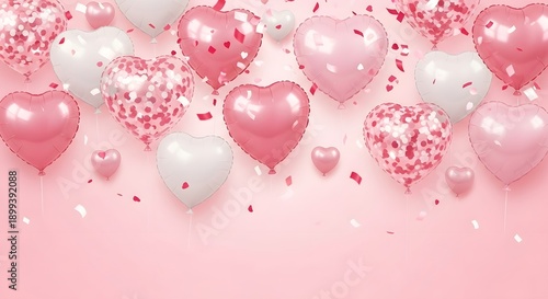 Wallpaper Mural Pink and white balloons with heart shapes and confetti Torontodigital.ca