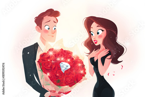 A romantic illustration of a proposal featuring a diamond ring hidden within a bouquet of roses