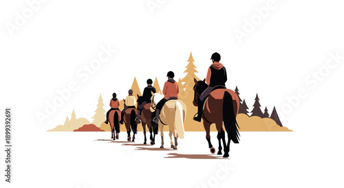Group horseback riding in autumn forest landscape with colorful trees
