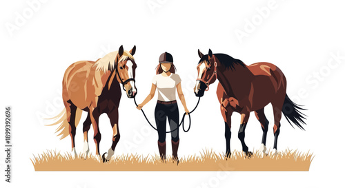 Equestrian walk with two horses in minimalist style on white background