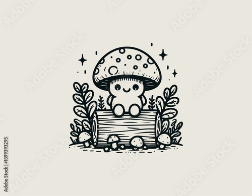 cartoon mushroom illustration shows cute character sitting on wooden log friendly