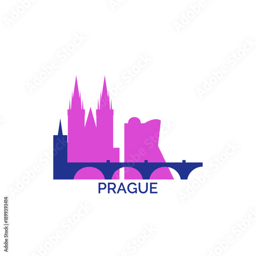 Prague cityscape, skyline, panoramic vector logo, icon, clipart. Czech Republic city emblem contour with landmarks and buildings silhouettes