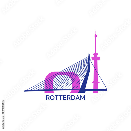 Rotterdam cityscape, skyline, panoramic vector logo, icon, clipart. Netherlands city emblem contour with landmarks and buildings silhouettes