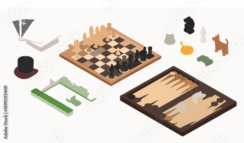 Isometric board games vector set cards chess backgammon mahjong