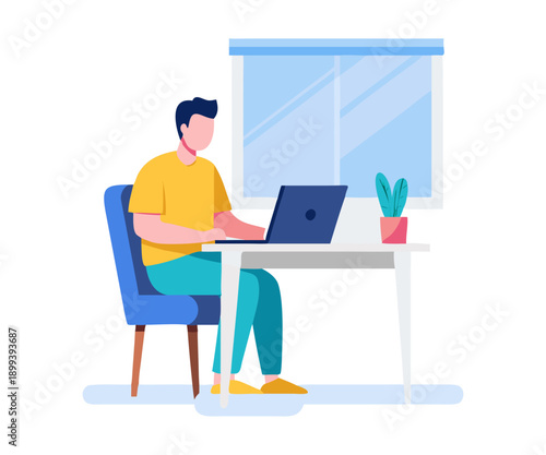 Freelancer working at desk flat vector