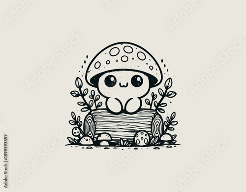 cartoon mushroom illustration shows cute character sitting on wooden log friendly