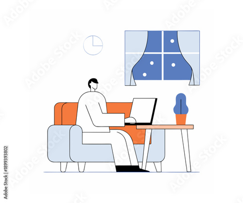 Night remote work at home flat vector
