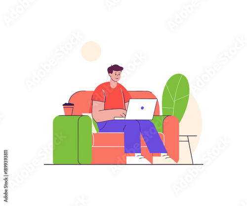 Man working on sofa with laptop flat vector