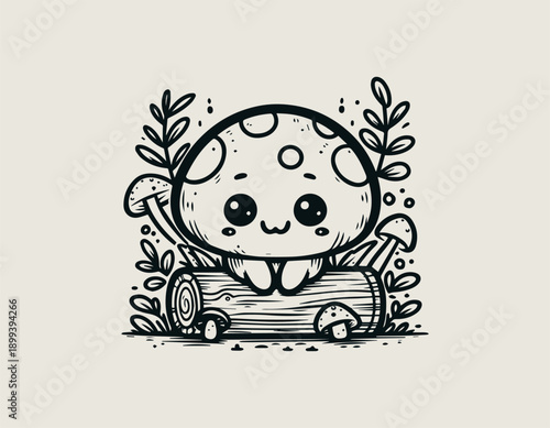 cartoon mushroom illustration shows cute character sitting on wooden log friendly
