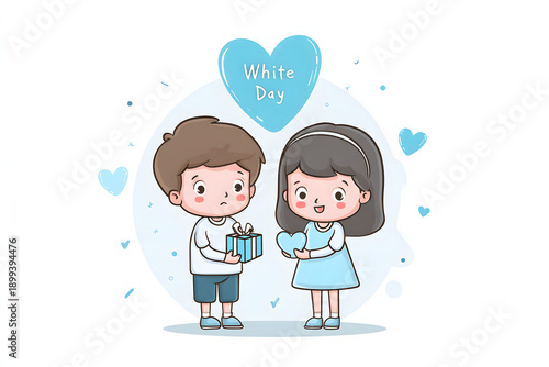 White Day gift. Illustration of a boy and girl child holding hands. Symbolizing friendship and growth.