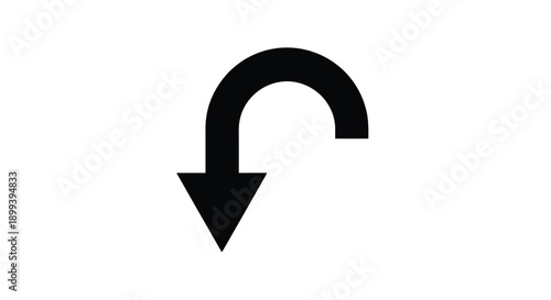 A simple black curved arrow pointing downwards on a white background
