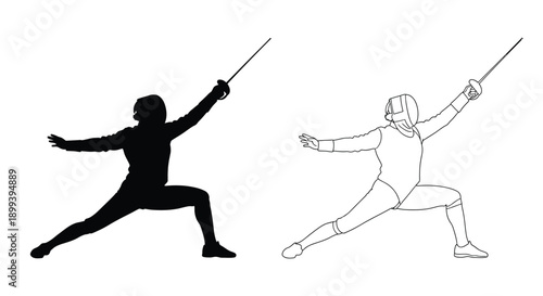 Fencing athletes in action a silhouette and a line drawing