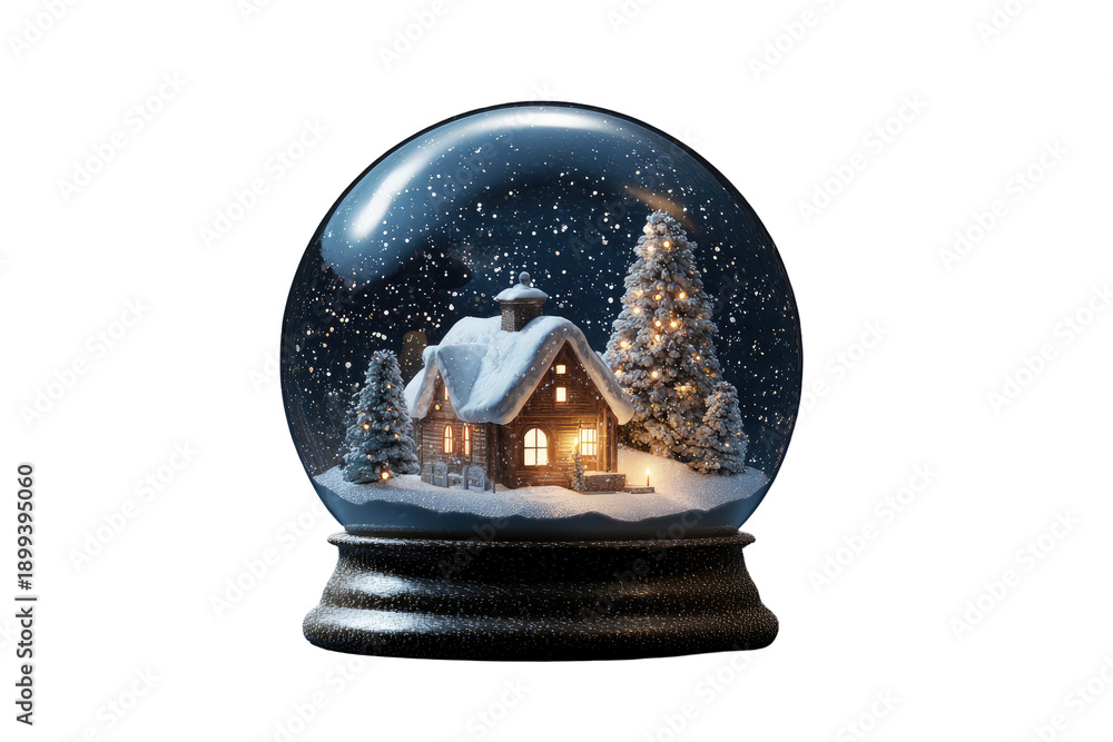 Fototapeta premium A snow globe with a cozy house and a lit Christmas tree inside, amidst falling snow
