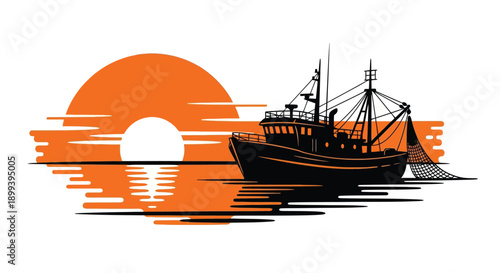 Silhouette of a fishing boat against a vibrant sunset over water