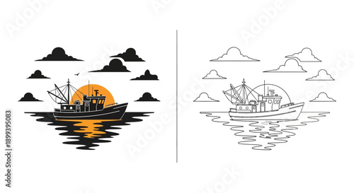 Stylized fishing boat illustrations color and monochrome versions side by side