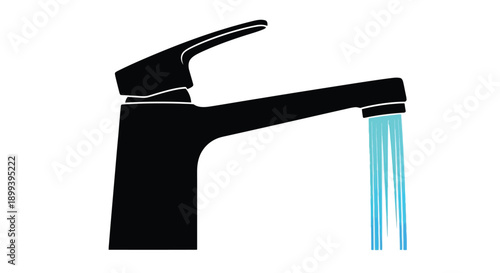 A modern black faucet with flowing water depicted in a simple style