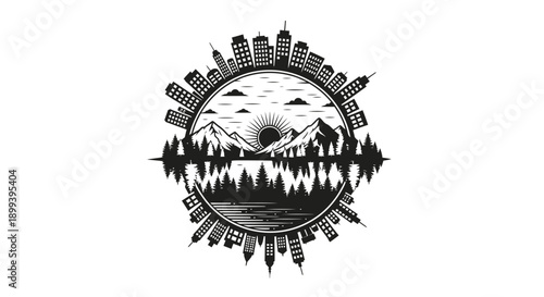 A circular design featuring a city skyline above mountainous terrain and a reflective water surface