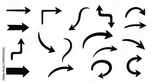 Collection of diverse black arrow shapes displaying directional movement