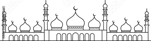 Black outline vector mosque with domes and minarets, Islamic architecture illustration, islamic festive