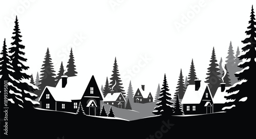 A quaint winter village nestled amongst snow covered evergreen trees