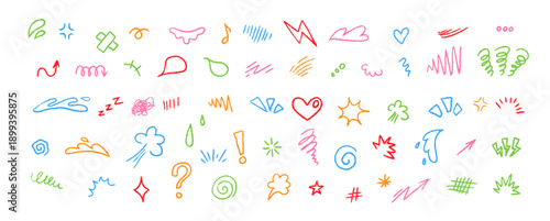Anime emotion effect collection of expressive line elements, arrows, scribbles and symbols. Cartoon doodle style for emotion, movement, emphasis, comic illustration and decorative graphics.