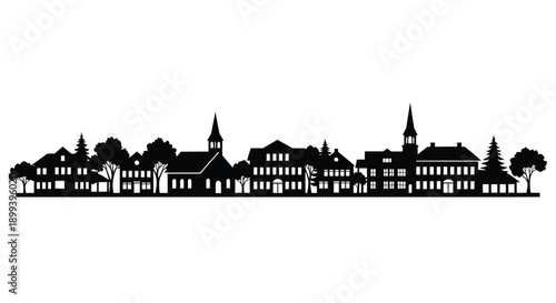 Black and white silhouette of a city skyline with various buildings
