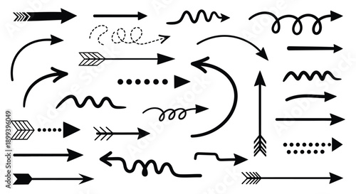 Collection of various black arrows swirls and doodle style design elements