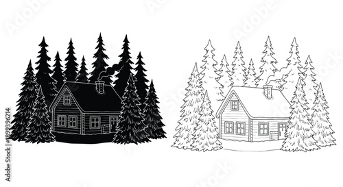 A cozy cabin nestled among tall evergreen trees shown in two contrasting styles
