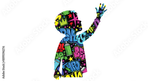 Colorful graffiti style silhouette of a child raising their hand