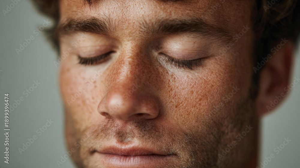 Obraz premium Close-up portrait of a young man's face. his eyes are closed and his head is tilted slightly to the side. he has a slight smile on his lips and his eyebrows are slightly furrowed.