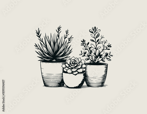 Hand drawn succulent plants illustration shows potted botanical arrangement in minimalist style
