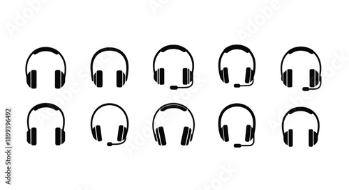Collection of black headphone and headset icons in various styles