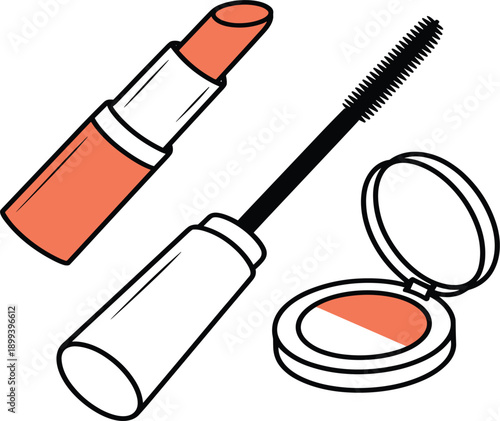 Hand drawn makeup essentials vector set, lipstick, mascara and face powder compact