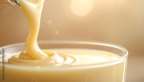 Sweetened condensed milk being poured into a glass bowl.