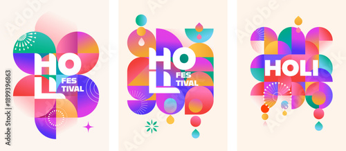 Geometric colourful Holi backgrounds. Indian festival of colors templates set