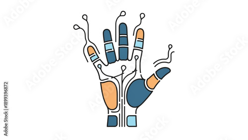 An illustrated robotic hand with mechanical fingers and joints in a futuristic design