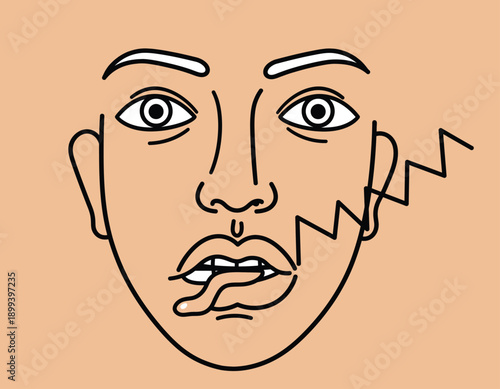 Abstract Surreal Face with Snake Tongue and Jagged Lines.