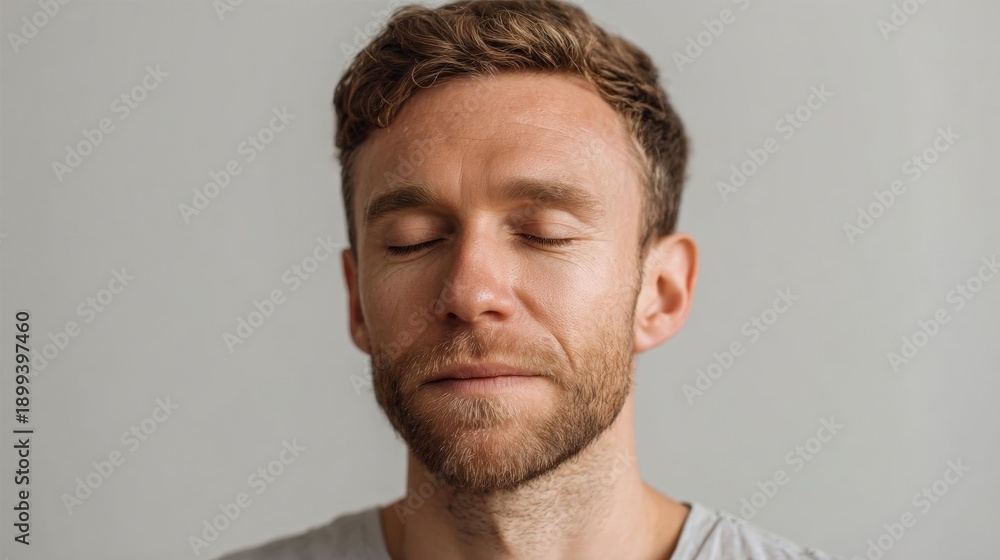 Fototapeta premium Close-up portrait of a young man with his eyes closed. he has short, curly hair and a beard. he is wearing a grey t-shirt and is looking off to the side with a peaceful expression on his face.