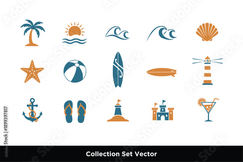 Summer Beach Vacation and Travel Icon Set