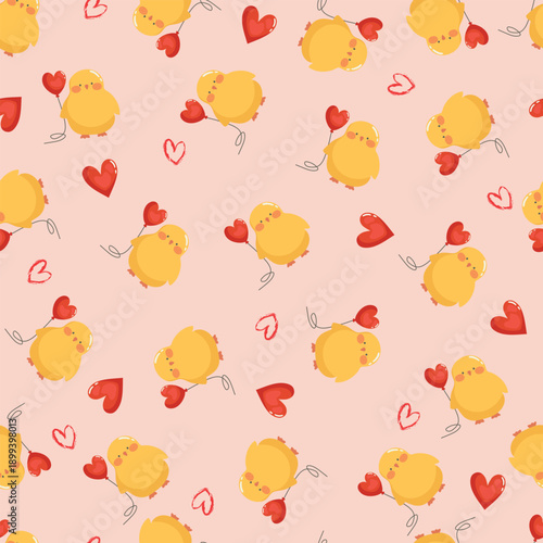 Cute duck with hearts on pink baackground. Vector illustration for Valentine's day, card, wrapping paper, fabric.