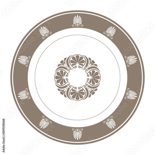 Vintage round plate with ornamental border. European porcelain plate with large gold floral element in the center. Border Ancient Greece, Roman Empire pattern. For circle ceramic, textile, porcelain
