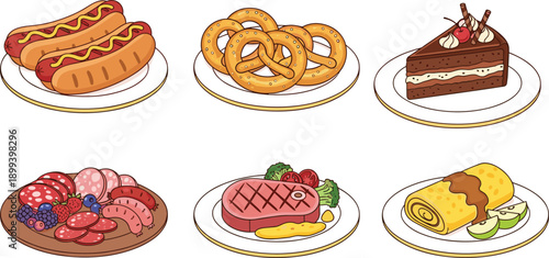 Assorted food plates with hot dogs pretzels cake meat fruit and rolled dessert illustration set
