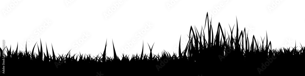 Fototapeta premium Meadow silhouette with grass, plants on plain. Panoramic summer lawn landscape with herbs, various weeds. Herbal border, frame element. Black horizontal banners. Vector illustration.