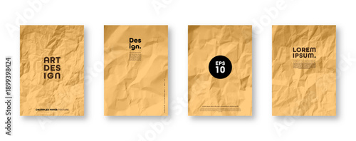 Colorful yellow crumpled recycled paper texture. Rough grunge old kraft wrapping paper background. Vintage blank packaging sheet. Vector illustration.