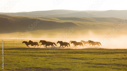 galloping. A herd of wild horses galloping across a grassland at golden hour. wildlife magazines, conservation campaigns, designed for nature documentaries and education, used by travel agents.