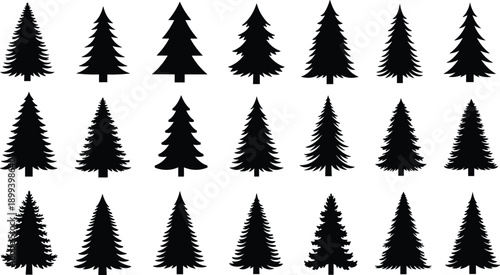 Black evergreen tree silhouettes set, pine fir spruce forest icons isolated on white background vector