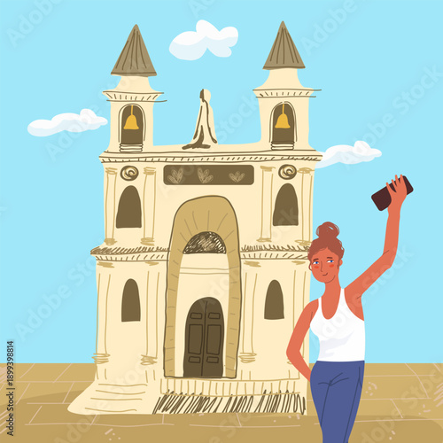 Travel around europe, hand drawn travel vector illustration, card.