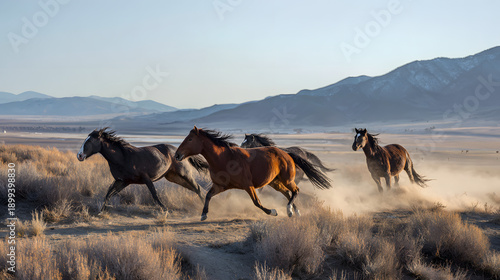galloping. A herd of wild horses galloping across a grassland at golden hour. wildlife magazines, conservation campaigns, designed for nature documentaries and education, used by travel agents.